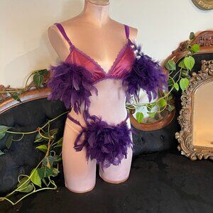 80s Vintage Minor Creations Feather Lace Lingerie 2 Piece Sets High Cut One Size